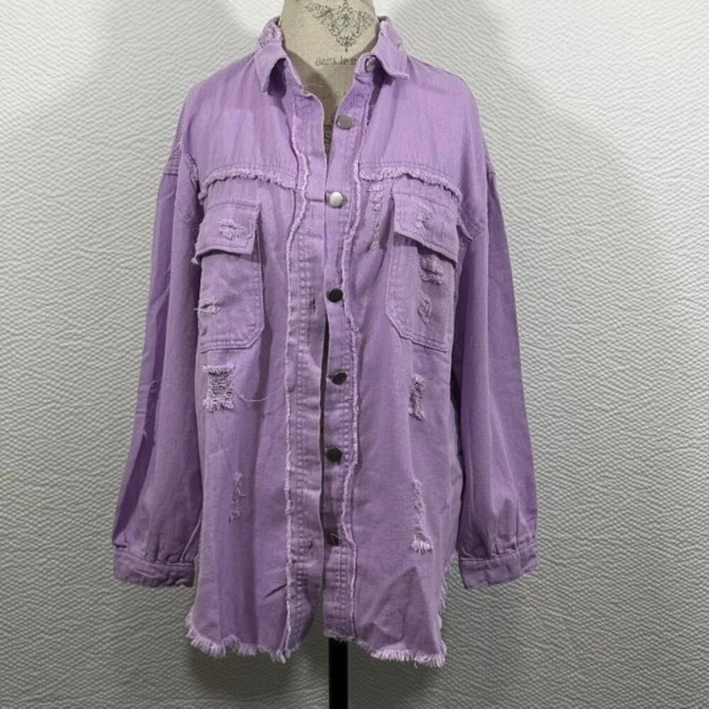 Jeans Ripped Raw Edge Oversized Denim Jacket, Distressed Collar Long Sleeves Y2K - Picture 4 of 10